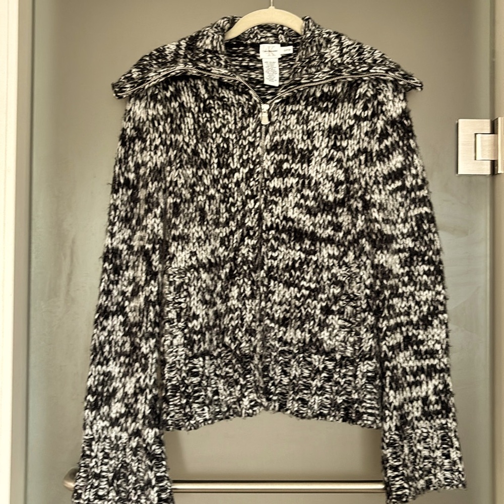 Calvin Klein black and white zippered fuzzy sweater